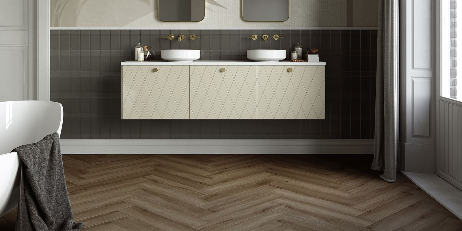 Homepage - River Oak Herringbone - Beaver - Wetroom